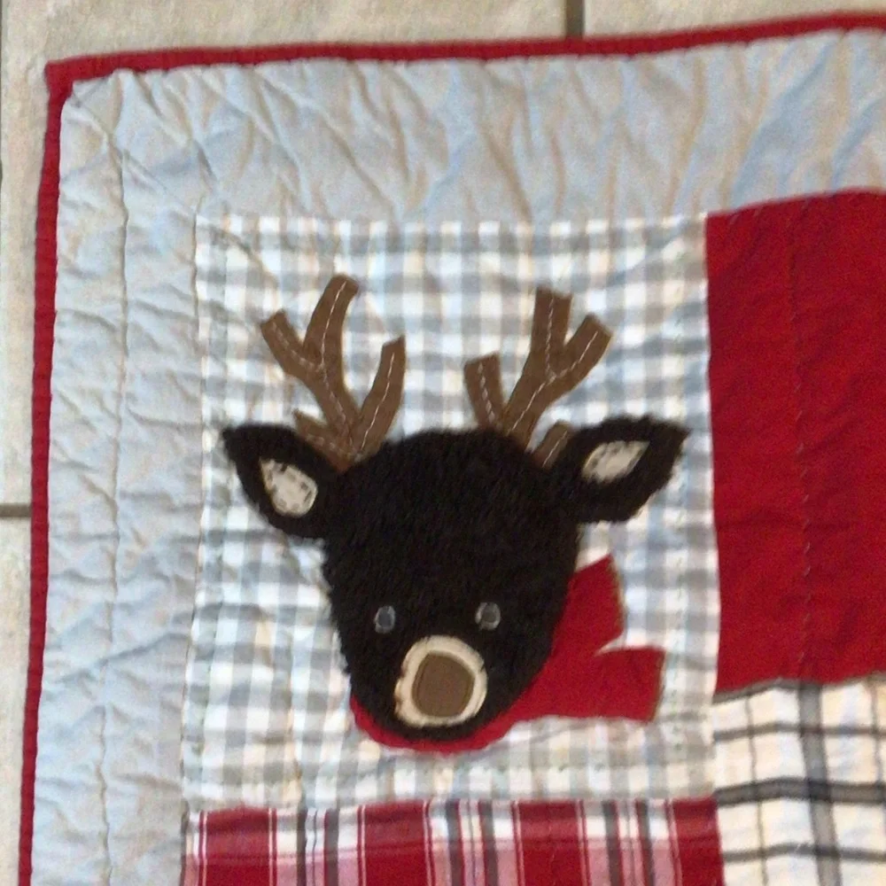 Pottery Barn Kids Holiday Quilt with Santa, Snowman, Reindeer - Red, Green, Gray